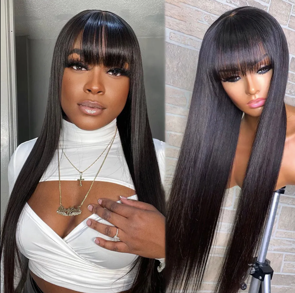 Long straight black wig with bangs